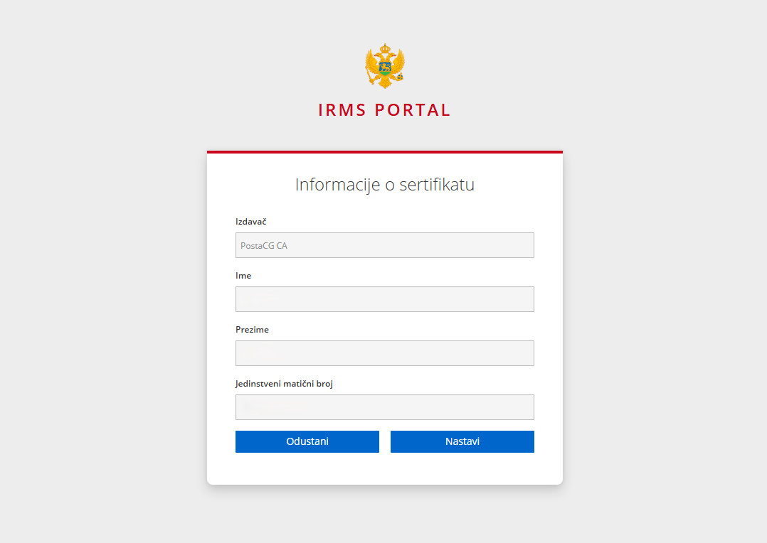 IRMS portal — ekran Informacije o sertifikatu (izdavač PostaCG CA)